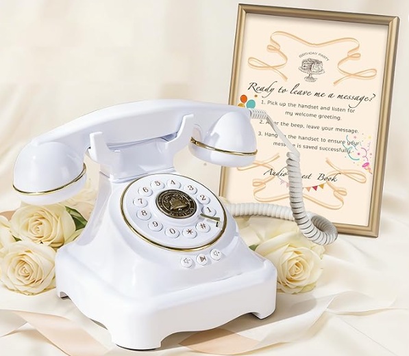 VannChris vintage audio guestbook phone with a message card for guests