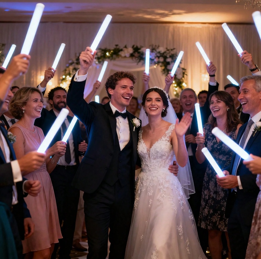 Wedding guests celebrating with glowing LED light wands