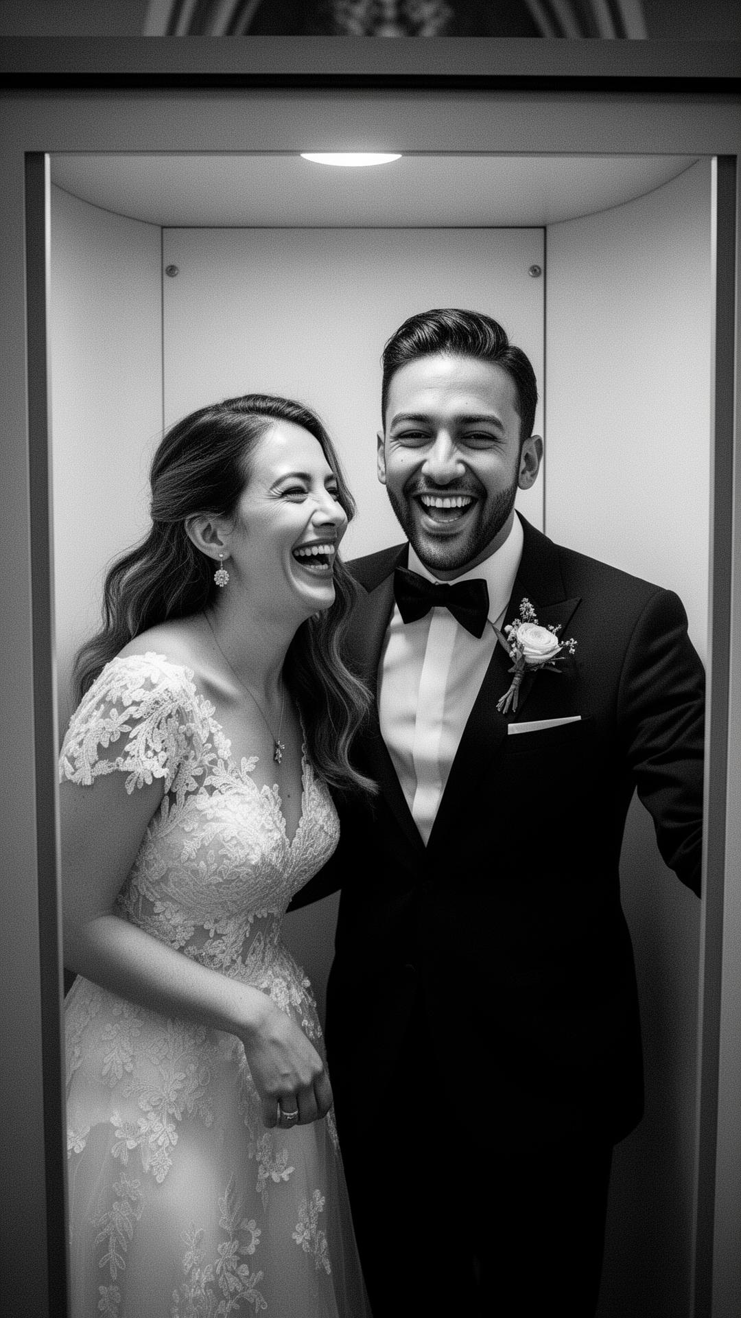 A couple laughing inside an elegant VannChris photobooth at their wedding